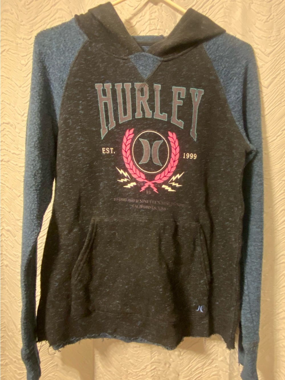 Hurley Black Pullover Hoodie with Blue Accents and Purple Logo